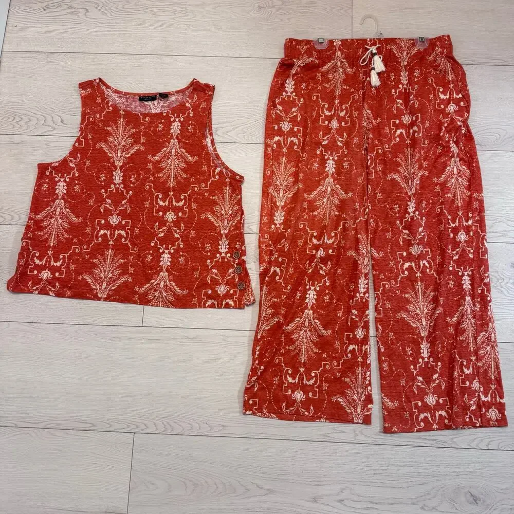 Tahari 100% Linen Tank Top & Wide Leg Pull on Pant Set XL Tassel Resortwear
